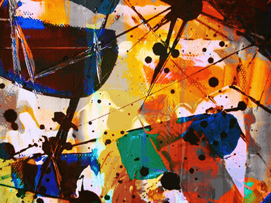 Abstract colorful artwork with vibrant brushstrokes and splatters creating dynamic shapes.